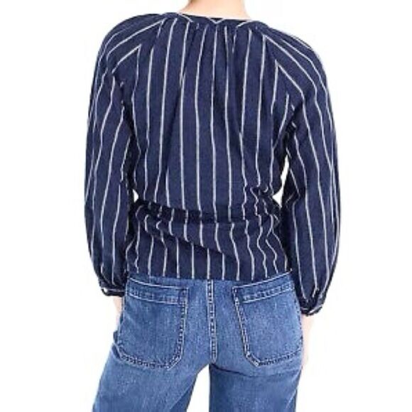 Like new J. Crew Linen Cotton Navy Stripe Balloon Sleeve Tie Waist Blouse 10 - Picture 2 of 6